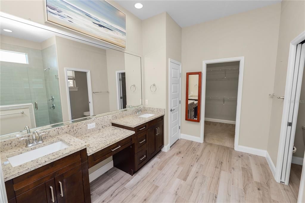 Bathroom, Dual Sink Vanities, Interior, Recessed Lighting, Wood Texture Flooring