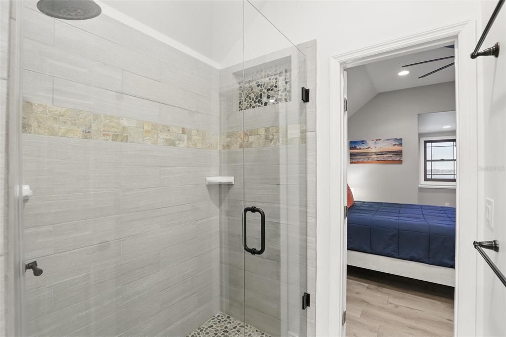 Bathroom, Bedroom, Glass Shower, Interior, Recessed Lighting, Wood Texture Flooring
