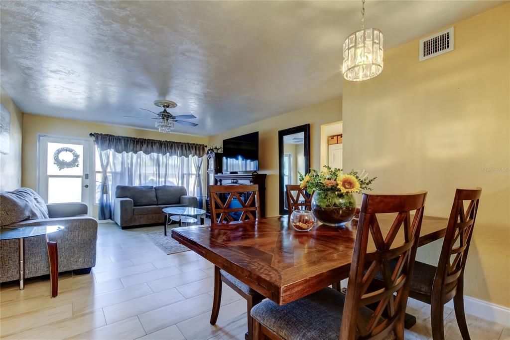 Dining room, Interior, Living room, Pendant Lights, Wood Texture Flooring