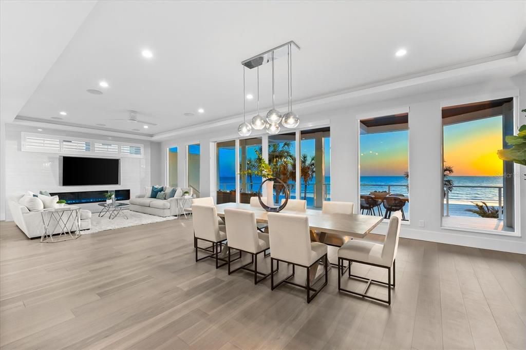 Dining room, Interior, Living room, Pendant Lights, Recessed Lighting, Water, Wood Texture Flooring