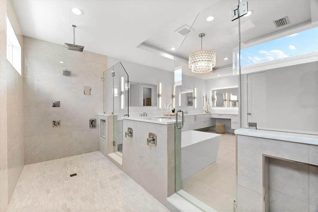 Bathroom, Chandelier, Glass Shower, Interior, Recessed Lighting
