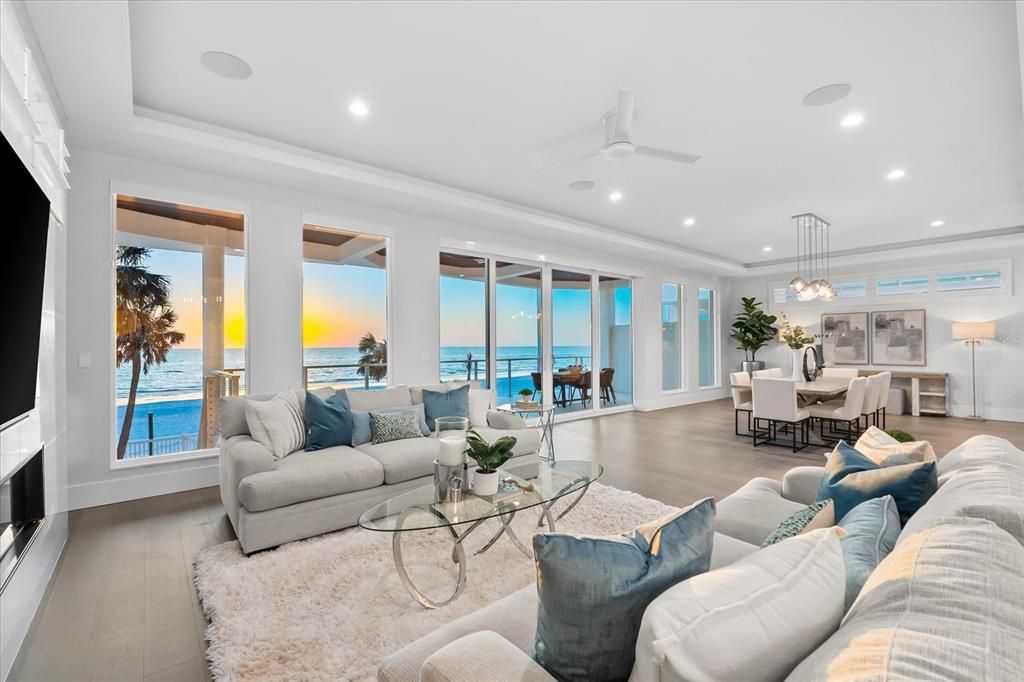 Dining room, Interior, Living room, Pendant Lights, Recessed Lighting, Water, Wood Texture Flooring