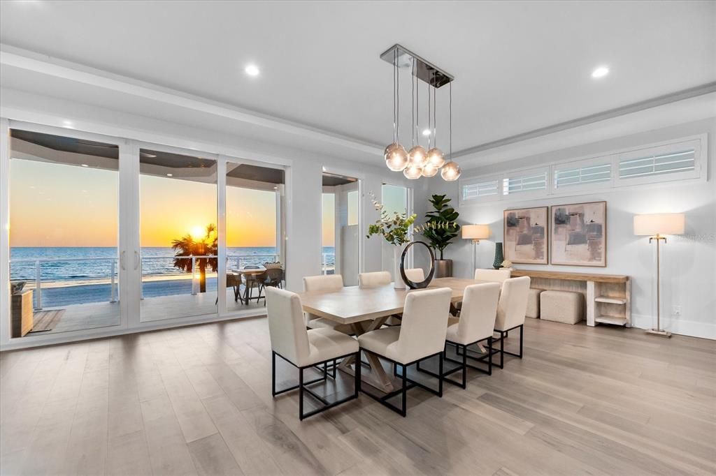 Dining room, Interior, Pendant Lights, Recessed Lighting, Water, Wood Texture Flooring
