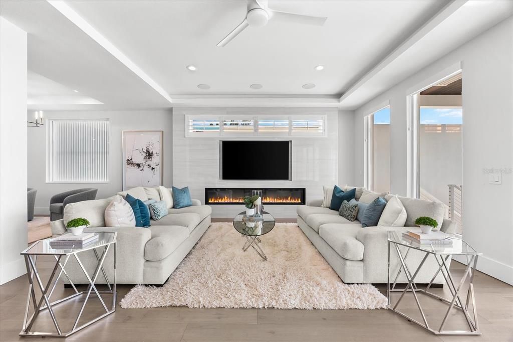 Fireplace, Interior, Living room, Recessed Lighting, Wood Texture Flooring