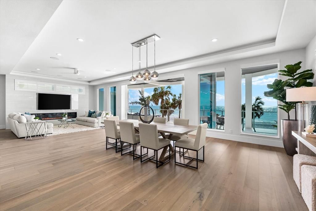Dining room, Interior, Living room, Pendant Lights, Recessed Lighting, Water, Wood Texture Flooring