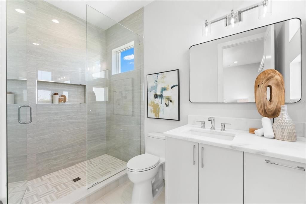 Bathroom, Glass Shower, Interior, Recessed Lighting