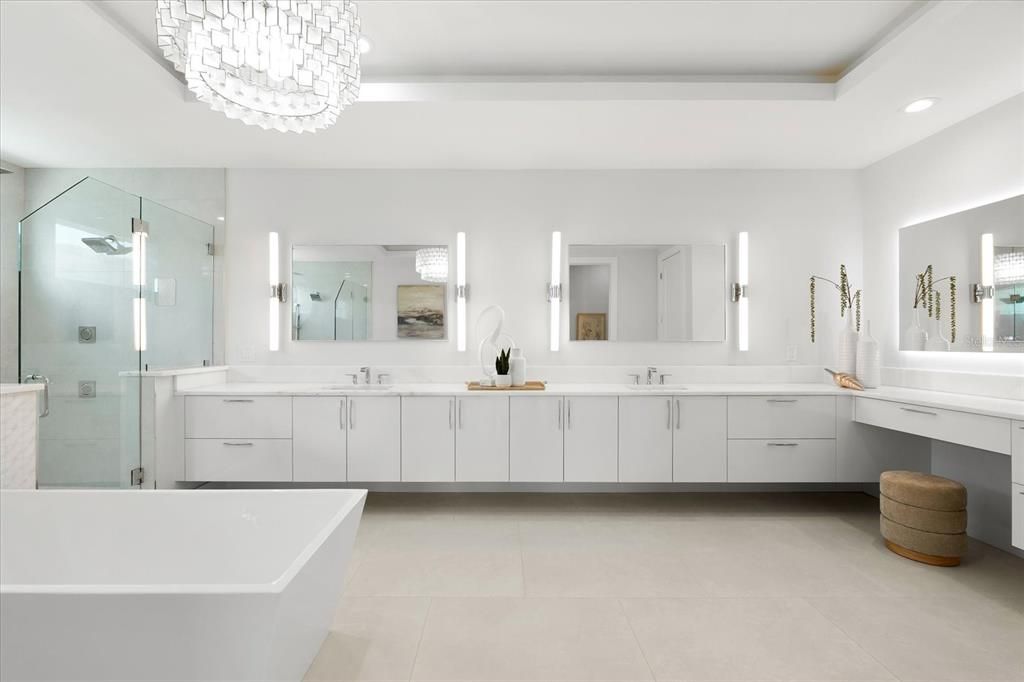 Bathroom, Chandelier, Dual Sink Vanities, Free Standing Baths, Glass Shower, Interior, Recessed Lighting