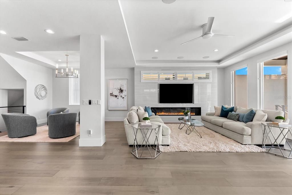 Fireplace, Interior, Living room, Pendant Lights, Recessed Lighting, Wood Texture Flooring