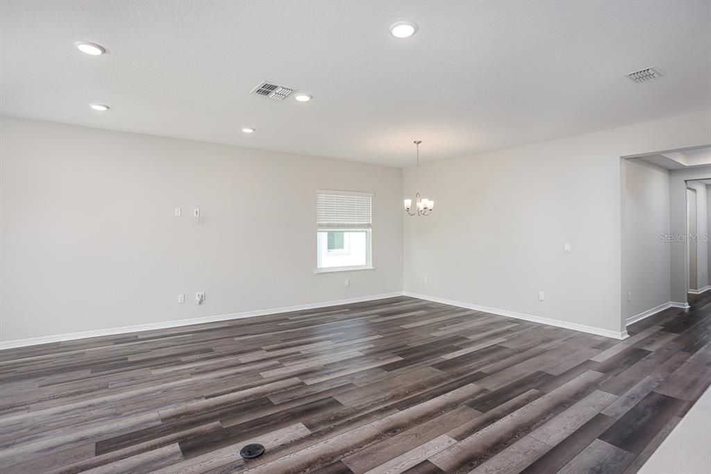 Chandelier, Empty room, Interior, Recessed Lighting, Wood Texture Flooring