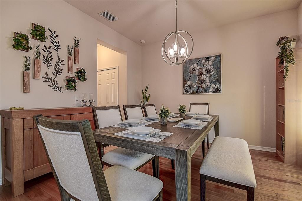 Dining room, Interior, Pendant Lights, Wood Texture Flooring