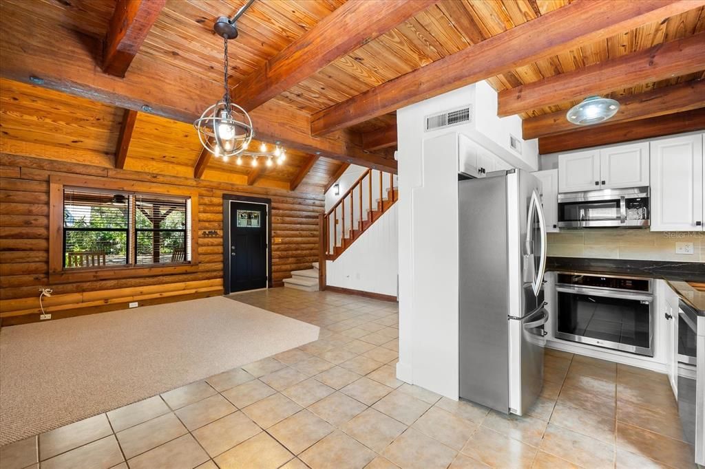Interior, Kitchen, Pendant Lights, Stainless Steel Appliances, Wooden Beams, Wooden Ceilings, Wooden Walls