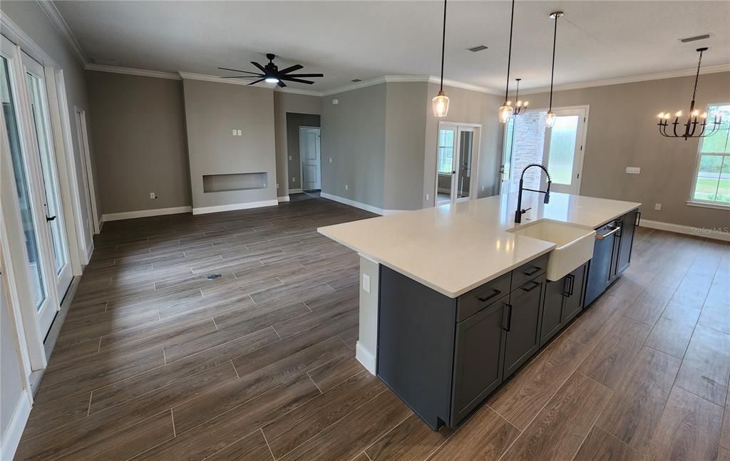 Interior, Kitchen, Pendant Lights, Wood Texture Flooring