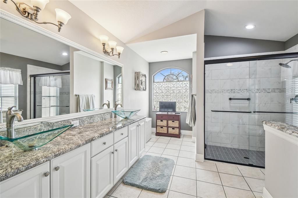 Bathroom, Dual Sink Vanities, Glass Shower, Interior, Recessed Lighting