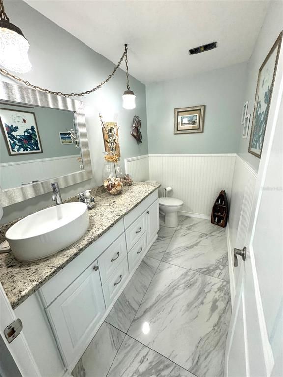 Bathroom, Dual Sink Vanities, Interior, Marble, Pendant Lights