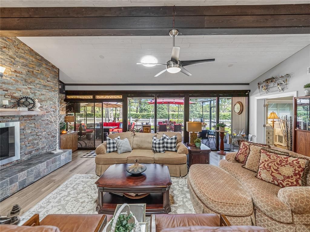Fireplace, Interior, Living room, Stone Walls, Wooden Beams, Wood Texture Flooring