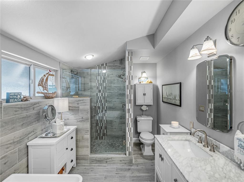 Bathroom, Dual Sink Vanities, Glass Shower, Interior, Wood Texture Flooring