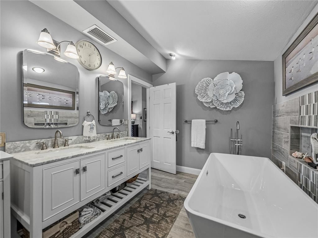 Bathroom, Dual Sink Vanities, Free Standing Baths, Interior, Wood Texture Flooring
