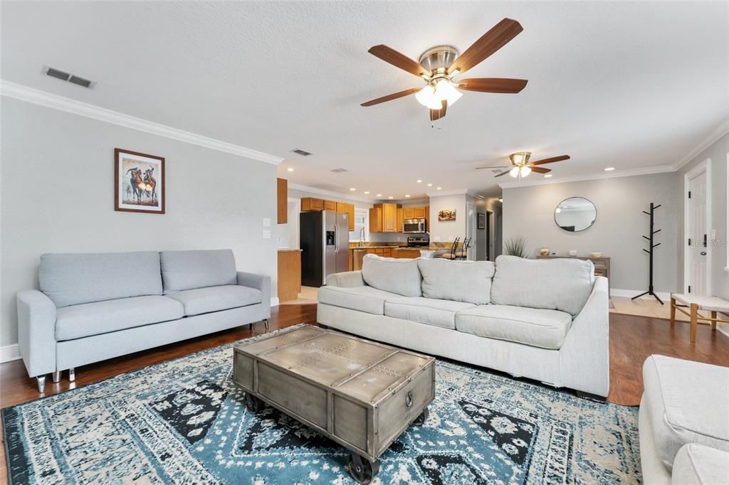 Interior, Kitchen, Living room, Recessed Lighting, Stainless Steel Appliances, Wood Texture Flooring