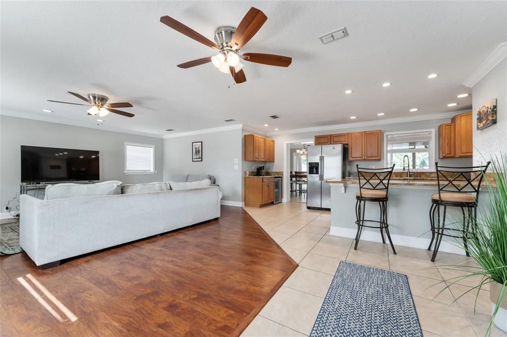 Interior, Kitchen, Living room, Recessed Lighting, Stainless Steel Appliances, Wood Texture Flooring