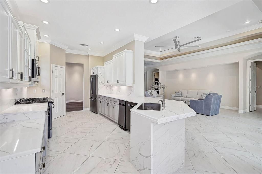 Interior, Kitchen, Living room, Marble, Recessed Lighting, Stainless Steel Appliances
