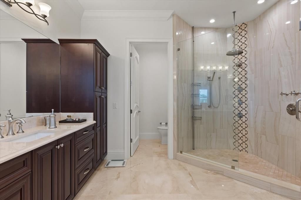 Bathroom, Dual Sink Vanities, Glass Shower, Interior, Recessed Lighting