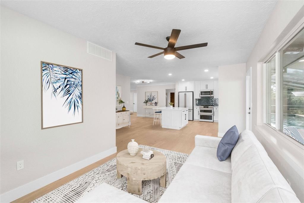 Interior, Kitchen, Living room, Recessed Lighting, Stainless Steel Appliances, Wood Texture Flooring