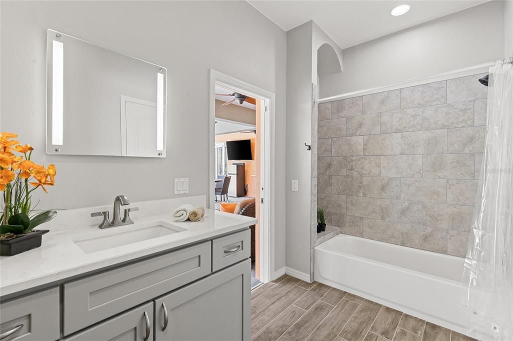 Bathroom, Interior, Recessed Lighting, Wood Texture Flooring