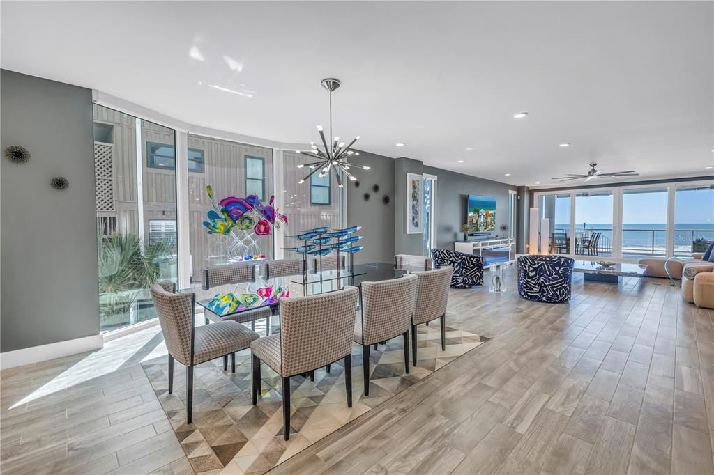 Dining room, Interior, Living room, Pendant Lights, Recessed Lighting, Water, Wood Texture Flooring