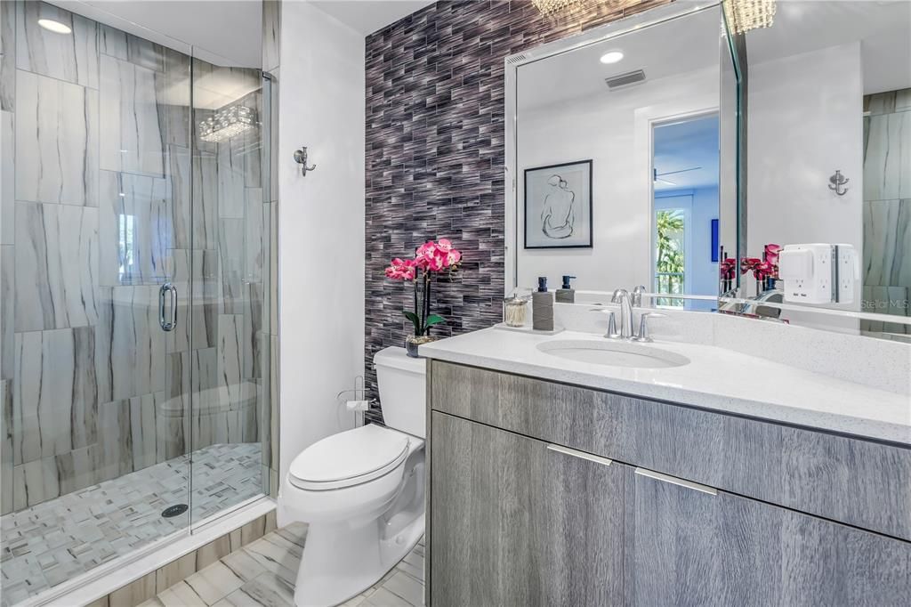 Bathroom, Glass Shower, Interior, Marble, Recessed Lighting