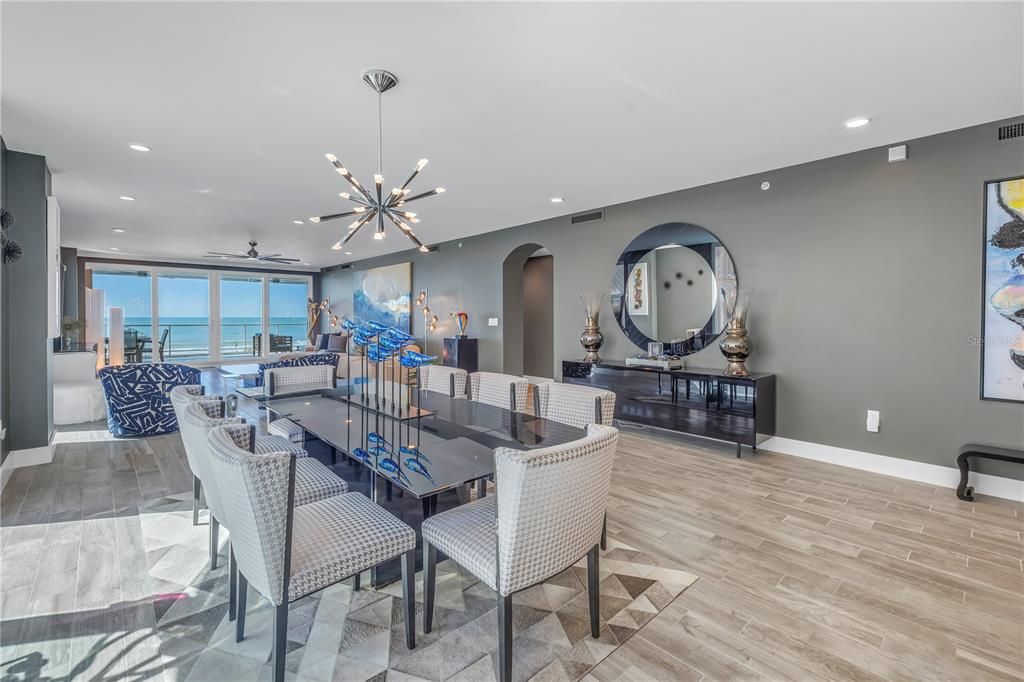 Dining room, Interior, Pendant Lights, Recessed Lighting, Water, Wood Texture Flooring