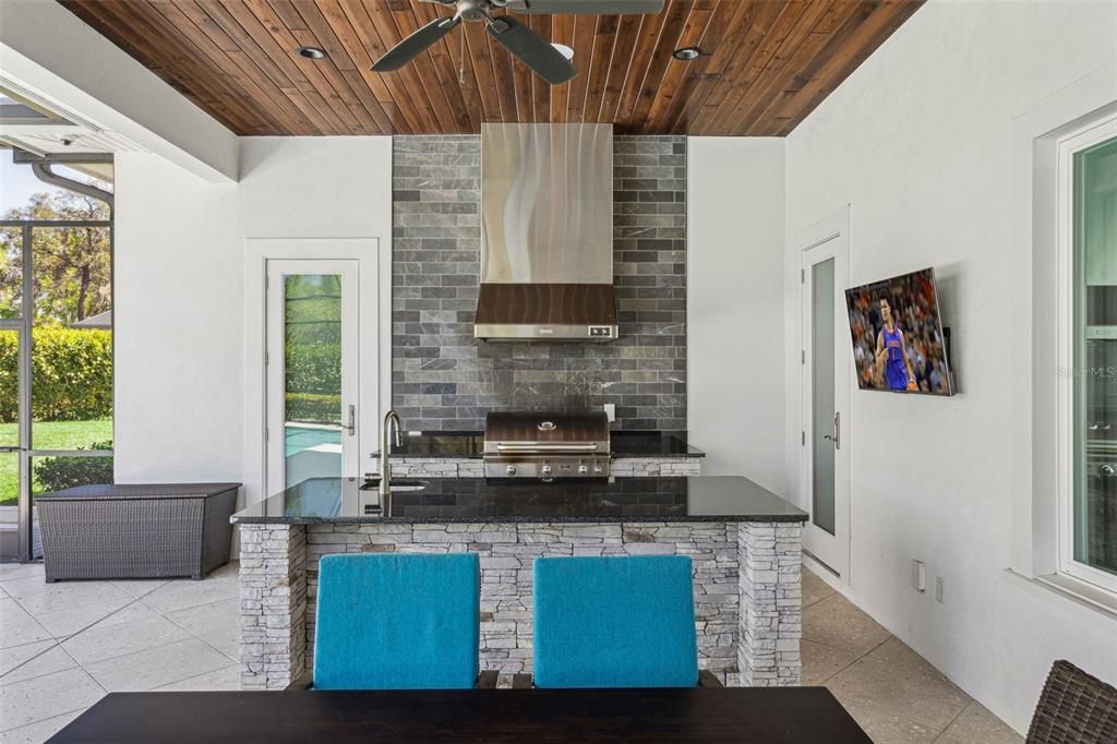 Interior, Kitchen, Recessed Lighting, Stainless Steel Appliances, Stone Walls, Wooden Ceilings