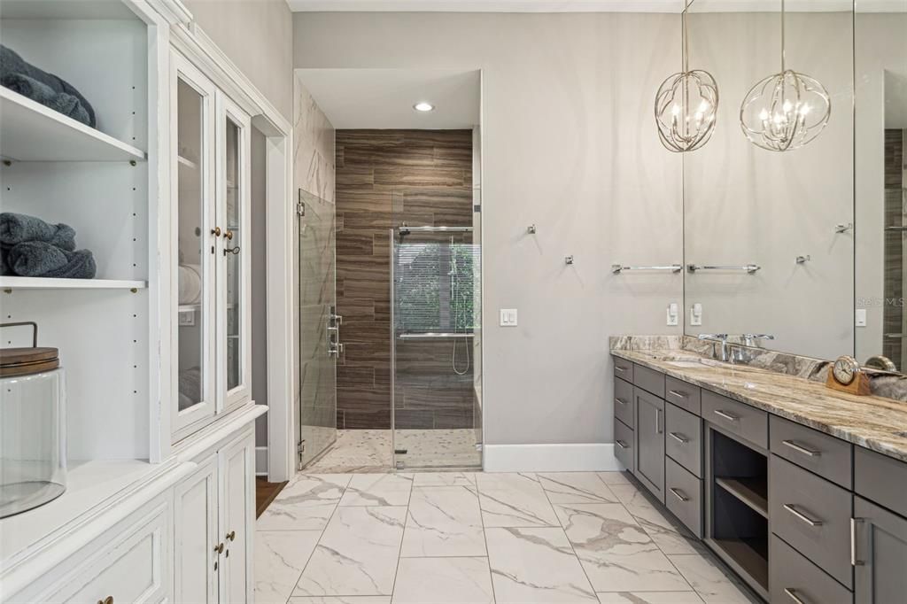 Bathroom, Dual Sink Vanities, Glass Shower, Interior, Marble, Pendant Lights, Recessed Lighting