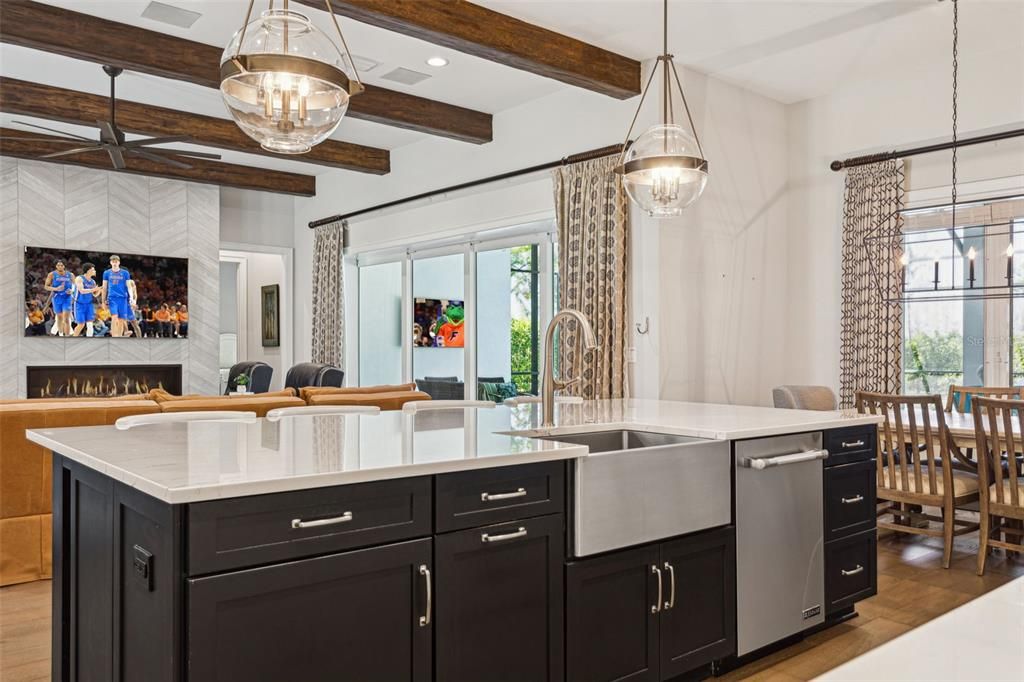Dining room, Fireplace, Interior, Kitchen, Pendant Lights, Recessed Lighting, Wooden Beams, Wood Texture Flooring