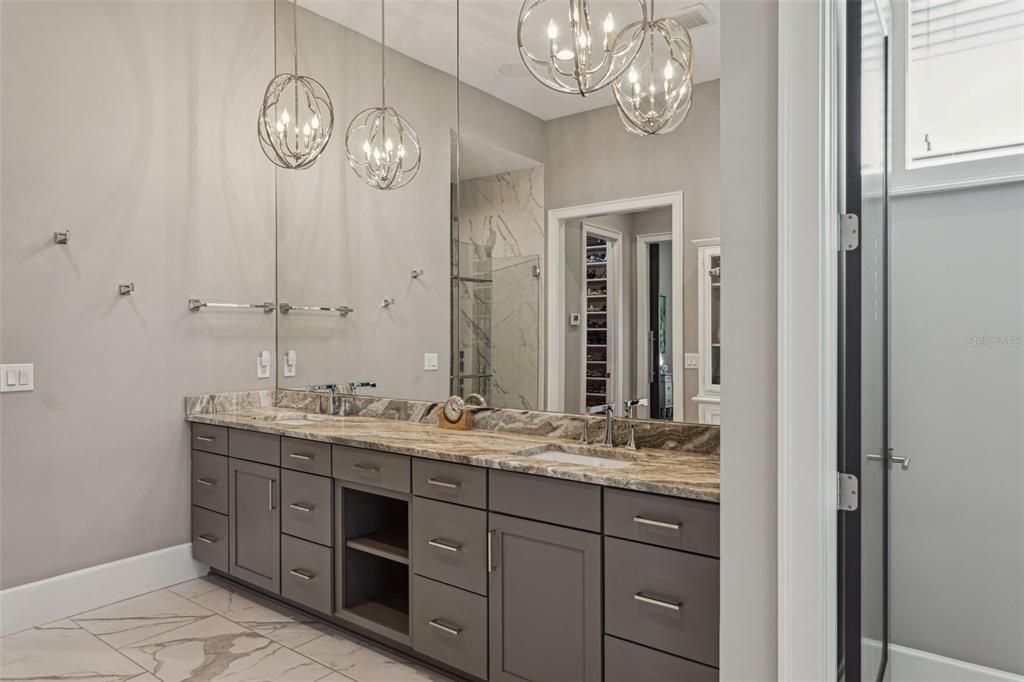 Bathroom, Dual Sink Vanities, Interior, Marble, Pendant Lights