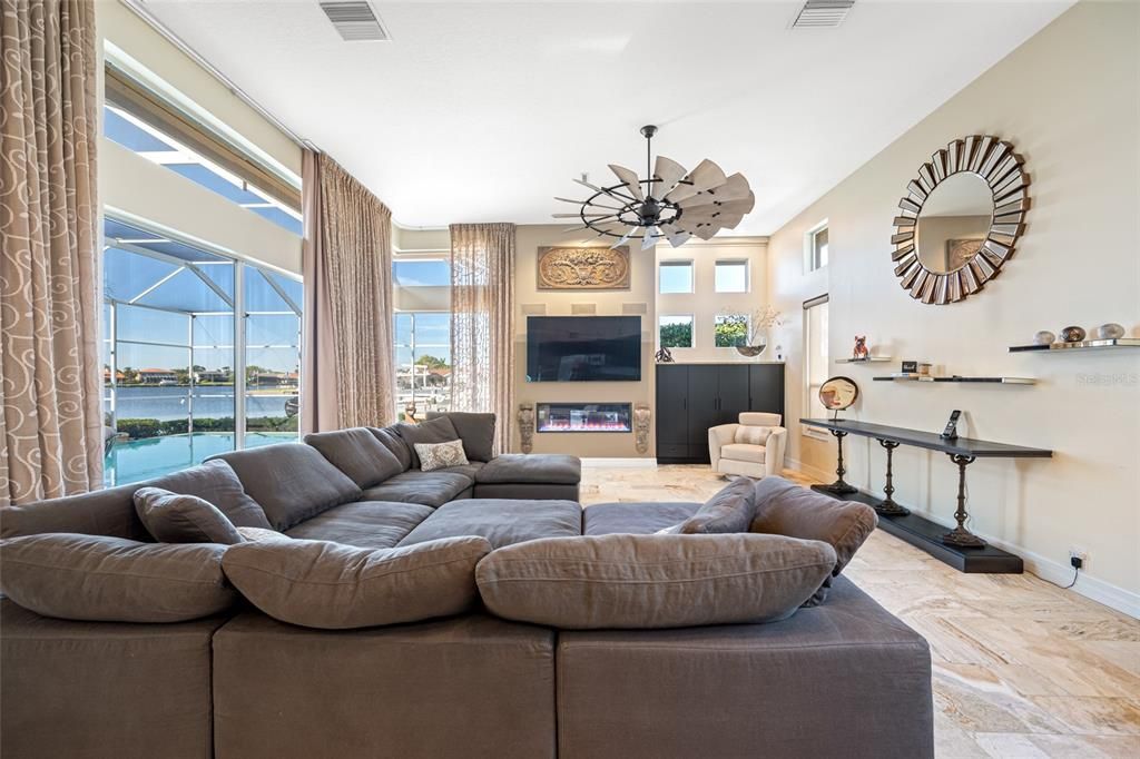 Fireplace, Interior, Living room, Pendant Lights, Water, Wood Texture Flooring
