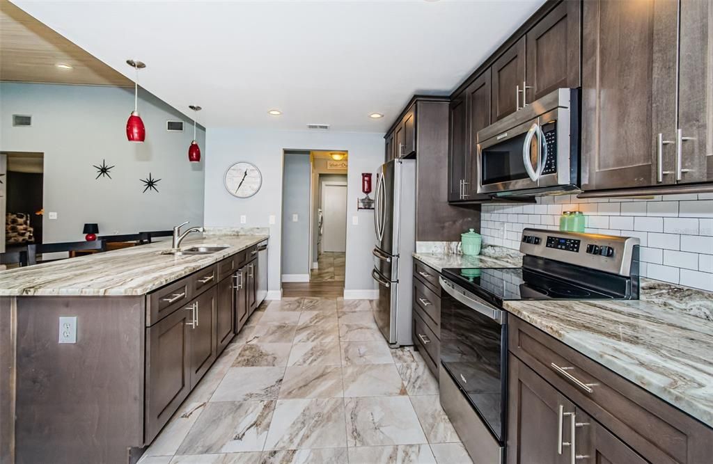 Interior, Kitchen, Marble, Pendant Lights, Recessed Lighting