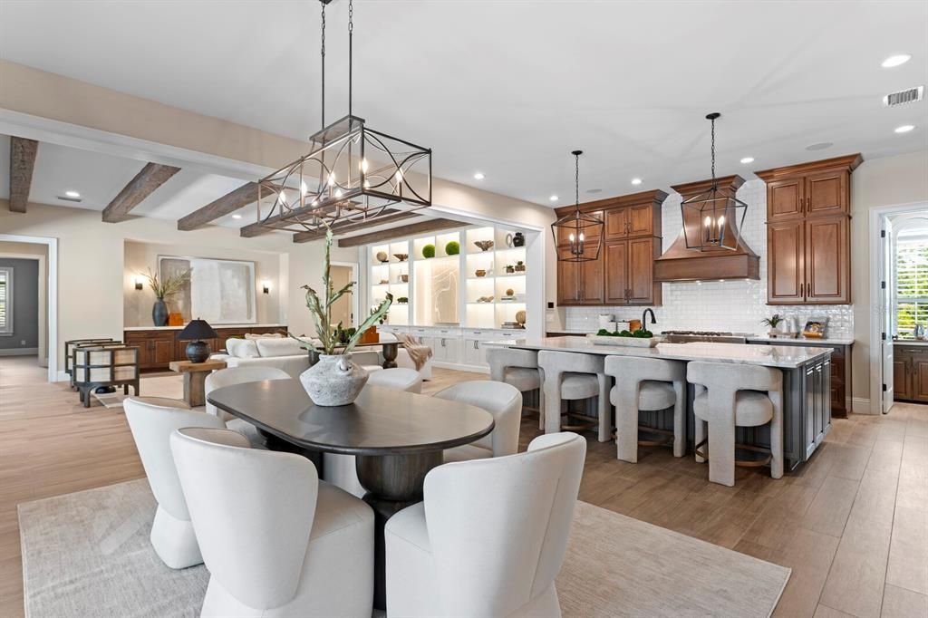 Dining room, Interior, Kitchen, Living room, Pendant Lights, Recessed Lighting, Wooden Beams, Wood Texture Flooring