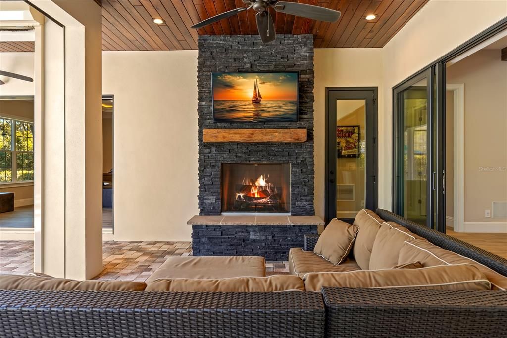 Fireplace, Interior, Living room, Recessed Lighting, Wooden Ceilings