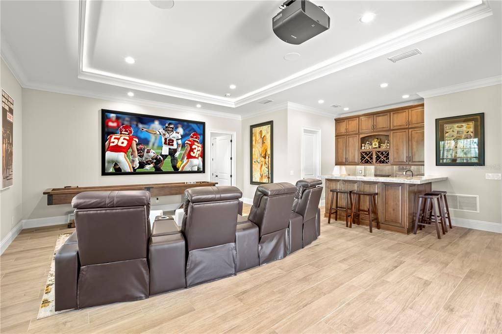 Home Theatre Room, Interior, Projection Screen, Recessed Lighting, Theatre Room, Wood Texture Flooring