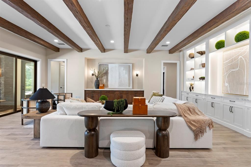 Interior, Living room, Recessed Lighting, Wooden Beams, Wood Texture Flooring