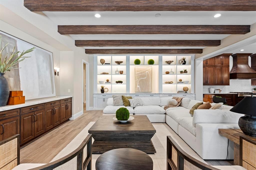 Interior, Kitchen, Living room, Recessed Lighting, Wooden Beams, Wood Texture Flooring