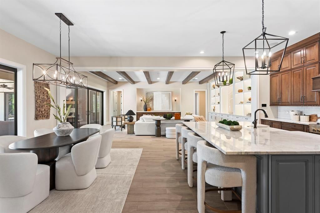 Chandelier, Dining room, Interior, Kitchen, Living room, Pendant Lights, Recessed Lighting, Wooden Beams, Wood Texture Flooring