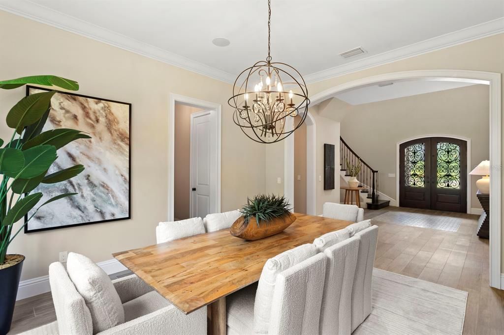 Chandelier, Dining room, Interior, Pendant Lights, Wood Texture Flooring