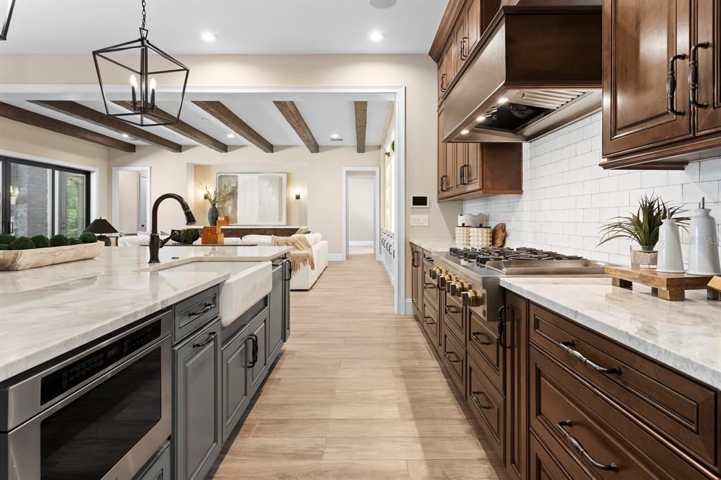 Interior, Kitchen, Living room, Pendant Lights, Recessed Lighting, Stainless Steel Appliances, Wooden Beams, Wood Texture Flooring