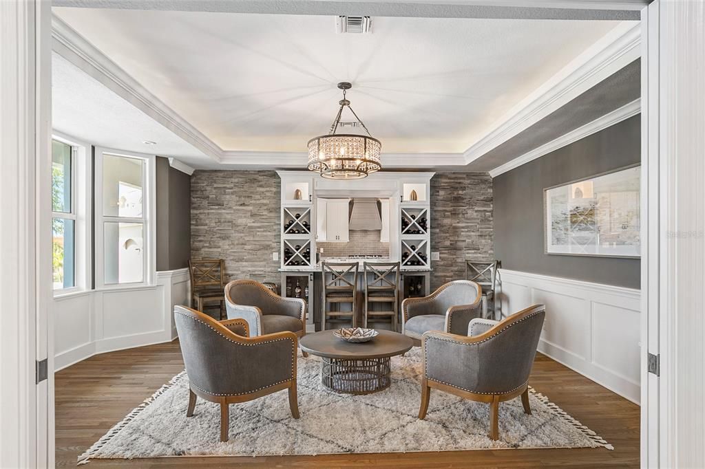 Chandelier, Interior, Living room, Stone Walls, Wood Texture Flooring