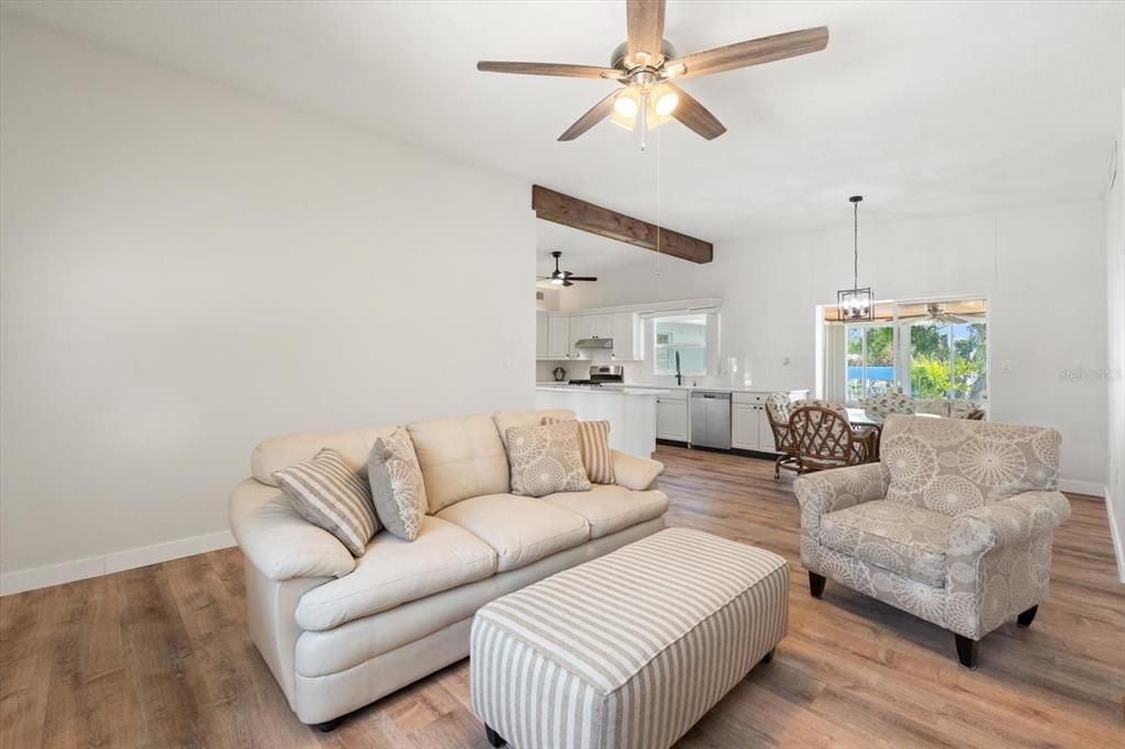 Dining room, Interior, Kitchen, Living room, Pendant Lights, Stainless Steel Appliances, Wood Texture Flooring