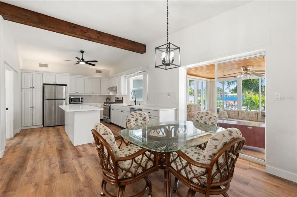 Dining room, Interior, Kitchen, Pendant Lights, Stainless Steel Appliances, Wooden Beams, Wood Texture Flooring
