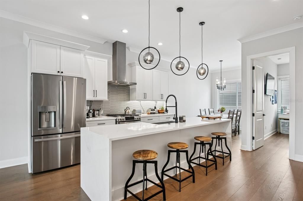 Interior, Kitchen, Pendant Lights, Recessed Lighting, Stainless Steel Appliances, Wood Texture Flooring