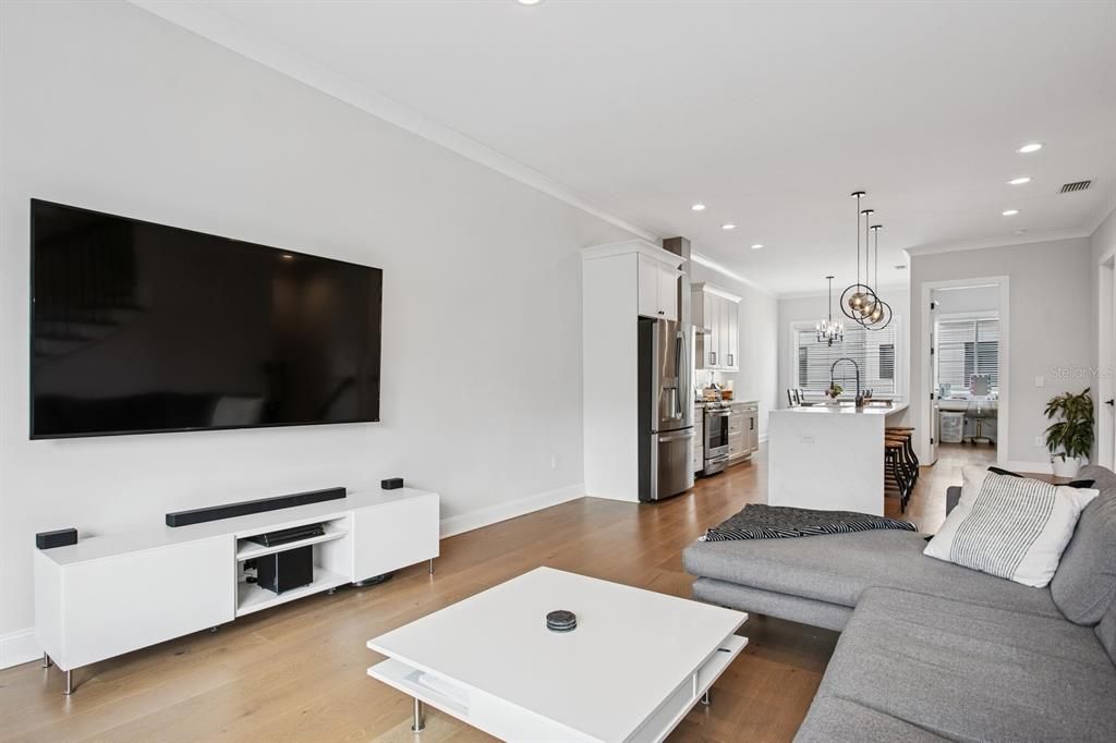 Dining room, Interior, Kitchen, Living room, Pendant Lights, Recessed Lighting, Stainless Steel Appliances, Wood Texture Flooring