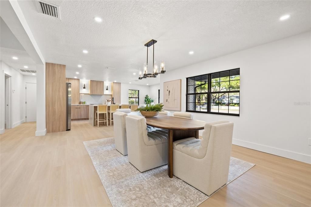Dining room, Interior, Kitchen, Pendant Lights, Recessed Lighting, Wood Texture Flooring